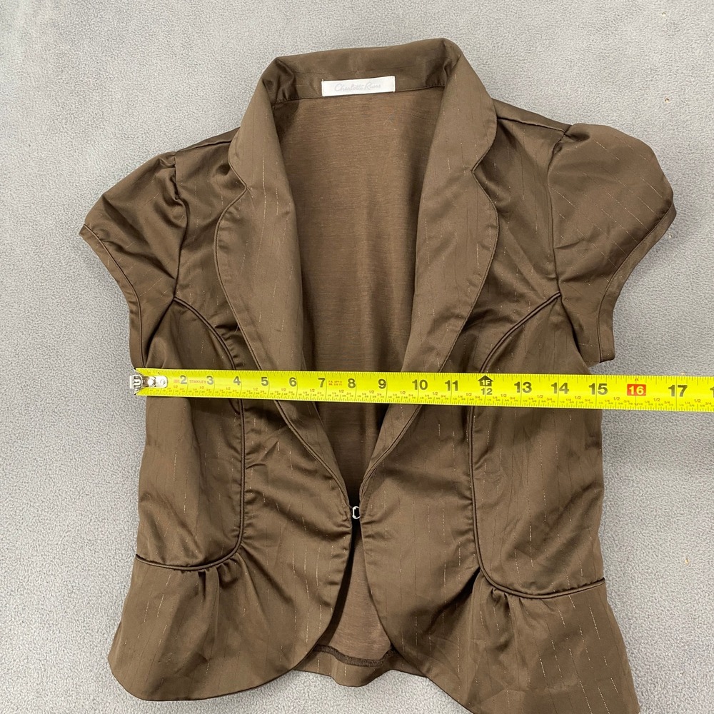 Charlotte Russe Brown Pinstripe Short Sleeve Blazer Puff Sleeve Peplum Top L - Picture 4 of 8